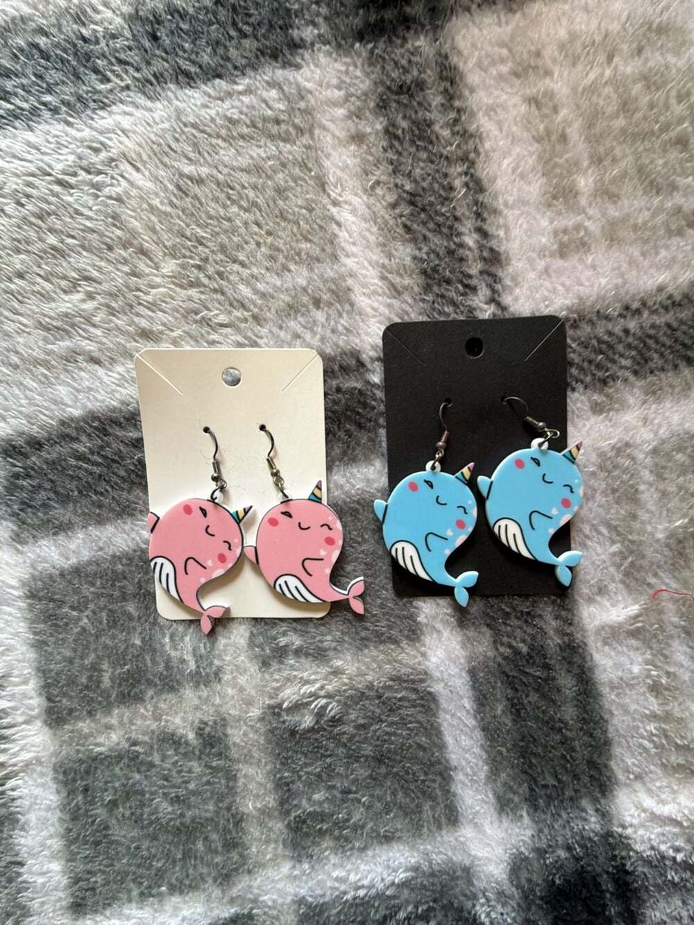 Set of Two Pairs Kawaii Narwhal Acrylic Dangle Earrings (Pink and Blue)